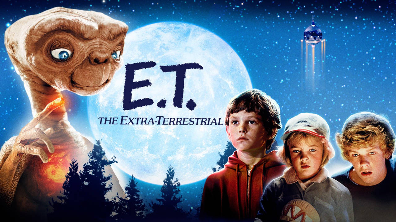 Poster van E.T. met alle hoofdrolspelers en een vertrekkend ruimteschip.