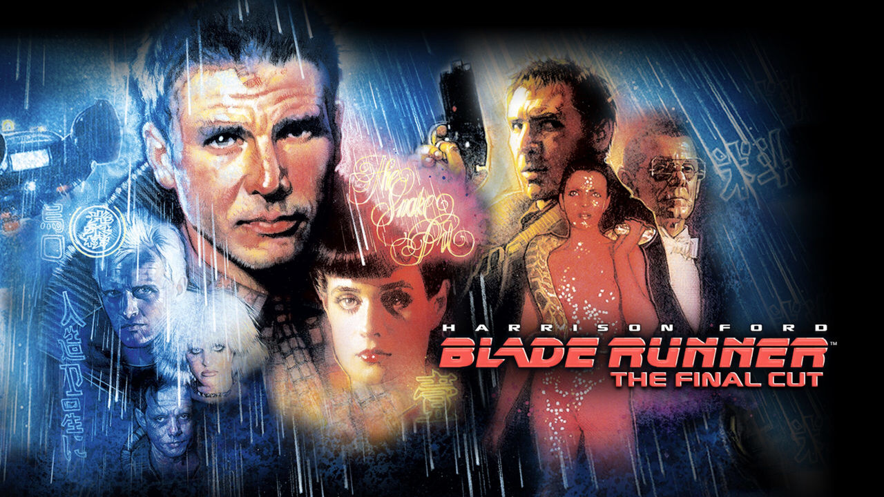 Afbeelding met een groot deel van de hoofdrolspelers uit Blade Runner in een getekende style. 