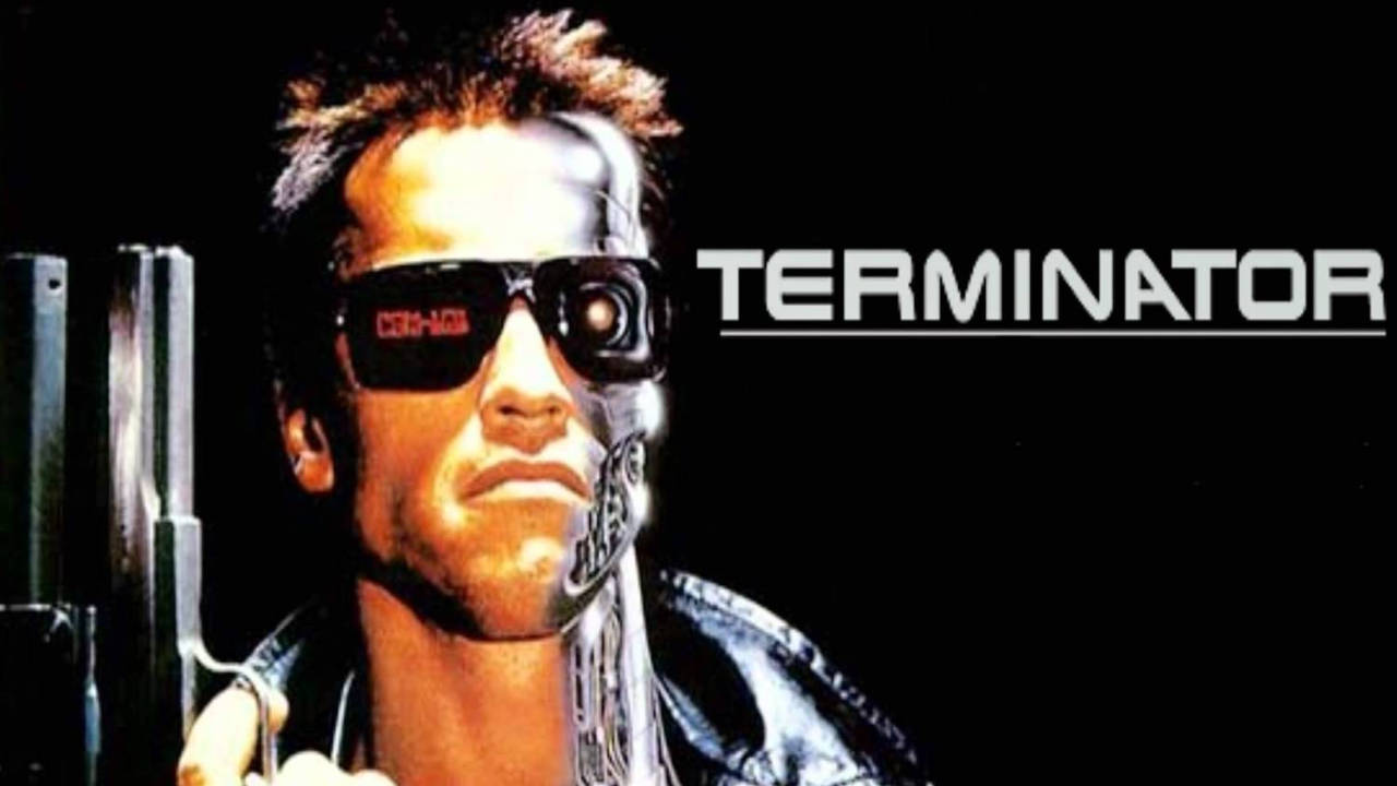 Arnold Schwarzenegger is The Terminator op de poster.