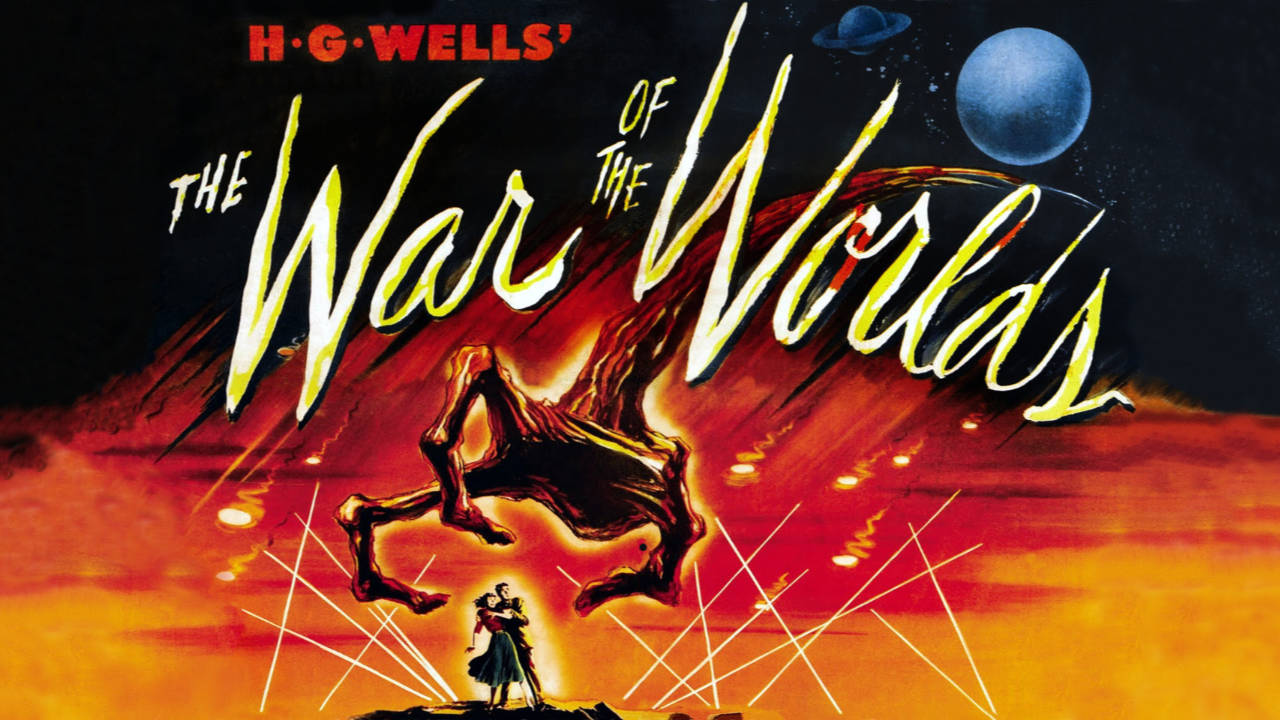poster van de film The War of the Worlds uit 1953 van H.G. Wells. Een tekening waar een hand komt uit de ruimte op mensen af.